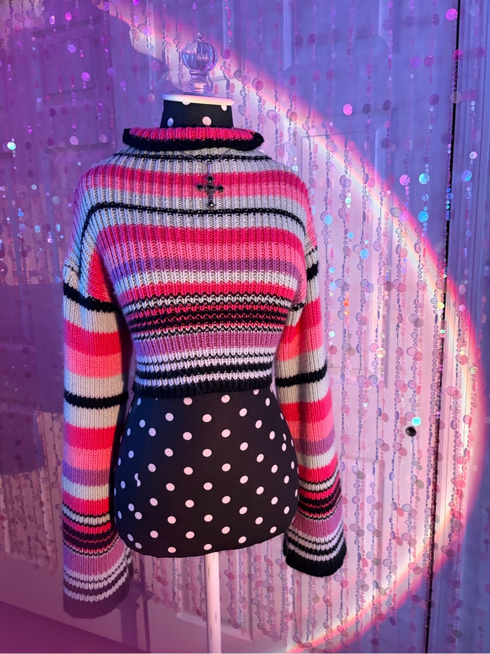 Striped Cropped Turtle Neck Sweater - Pink/Black